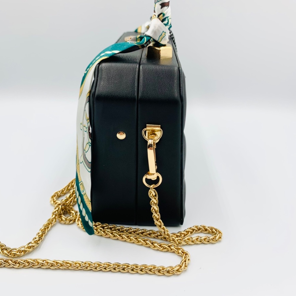 Stylish black quilted blue scarf top handle sling crossbody bag gold-tone chain - Picture 6 of 14